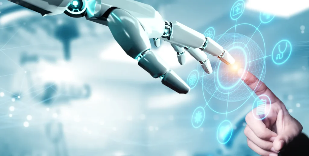 ロボットの手と人間の手を合わせる