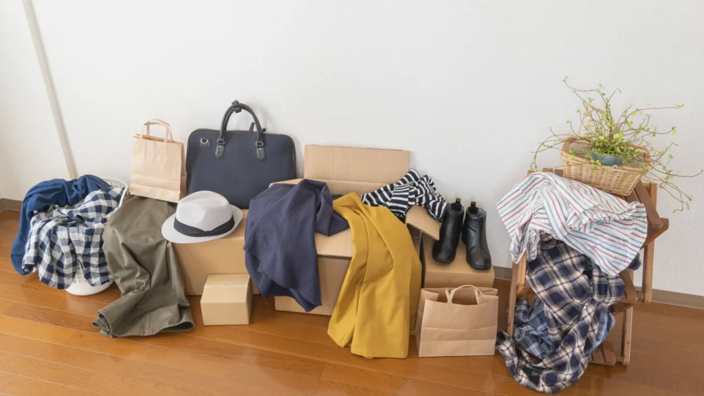 服やダンボール箱で散らかった部屋