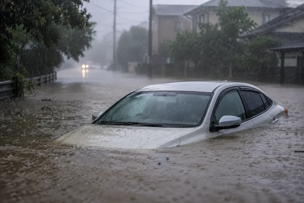 豪雨に沈む街と車