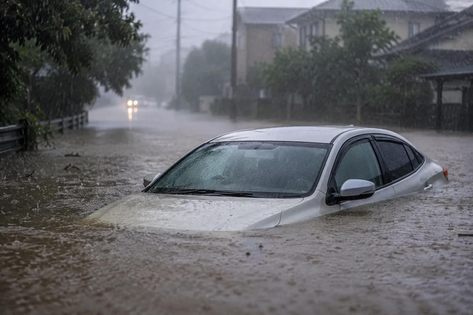 豪雨に沈む街と車