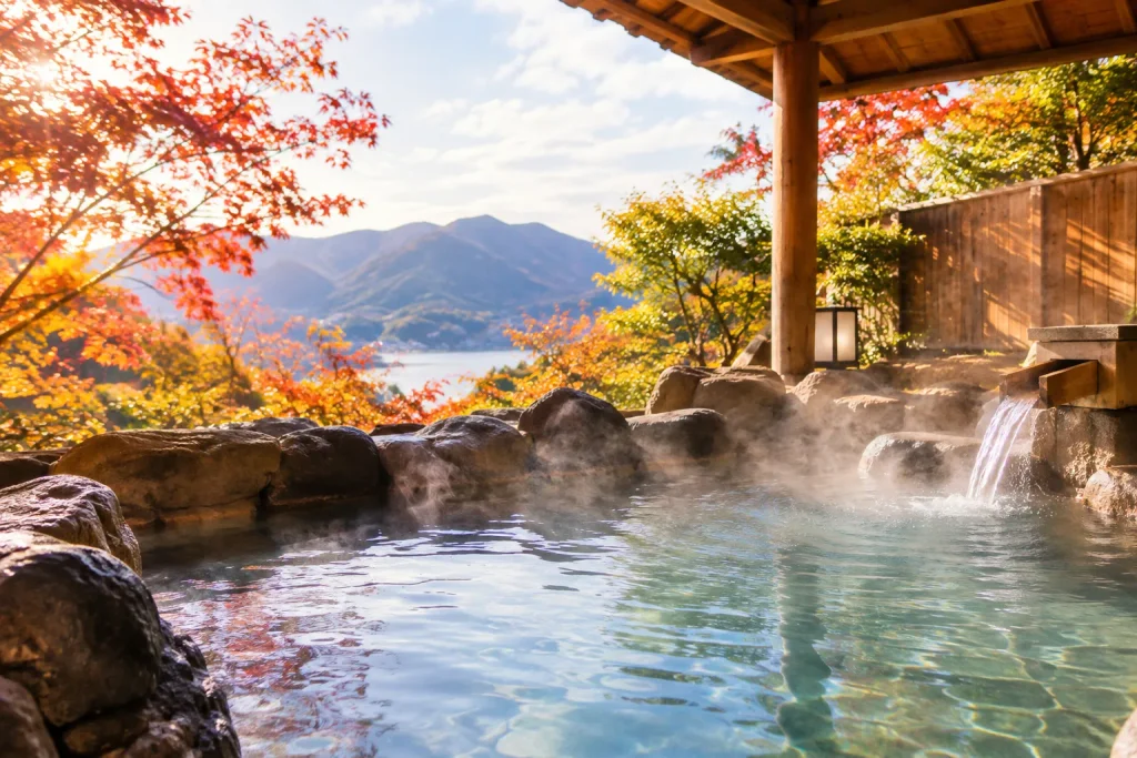秋色に包まれた露天風呂と山景色