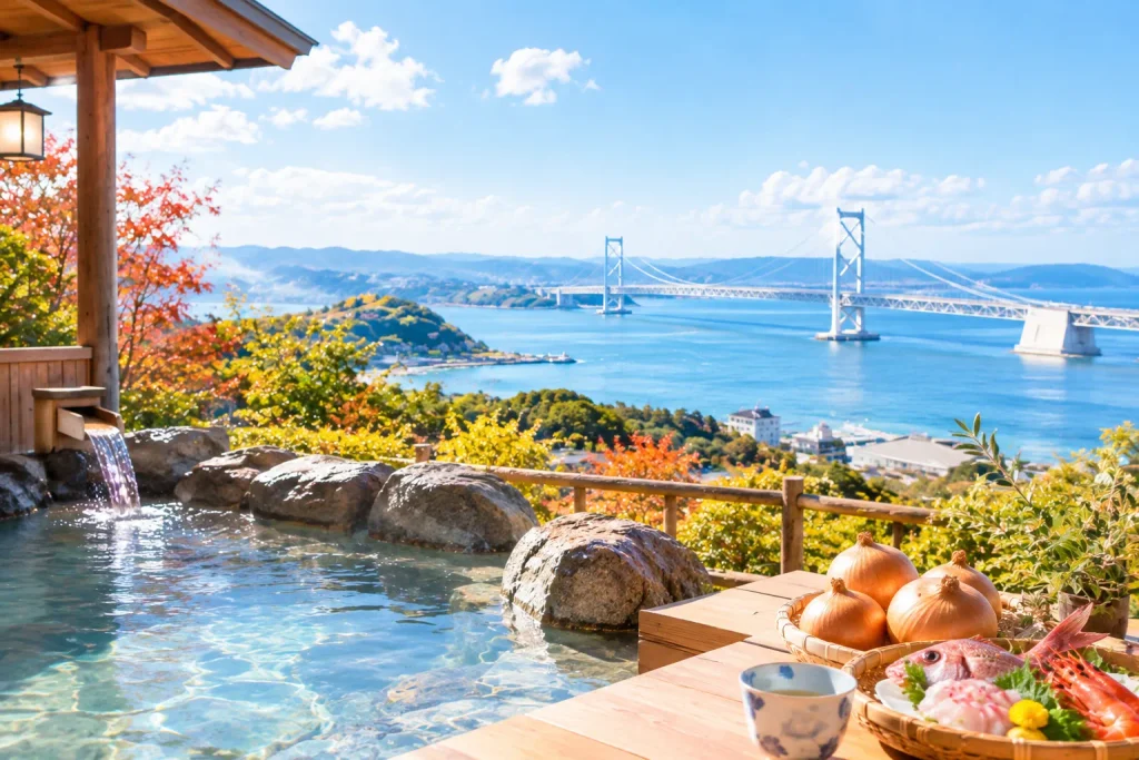 海辺の温泉と秋色の絶景橋