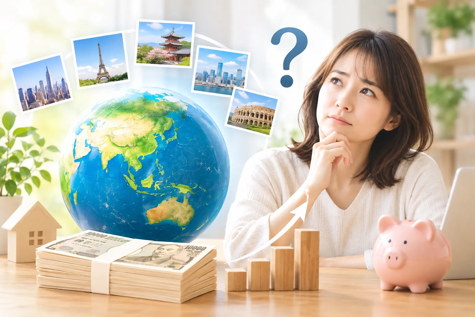 世界投資を考える女性と地球儀