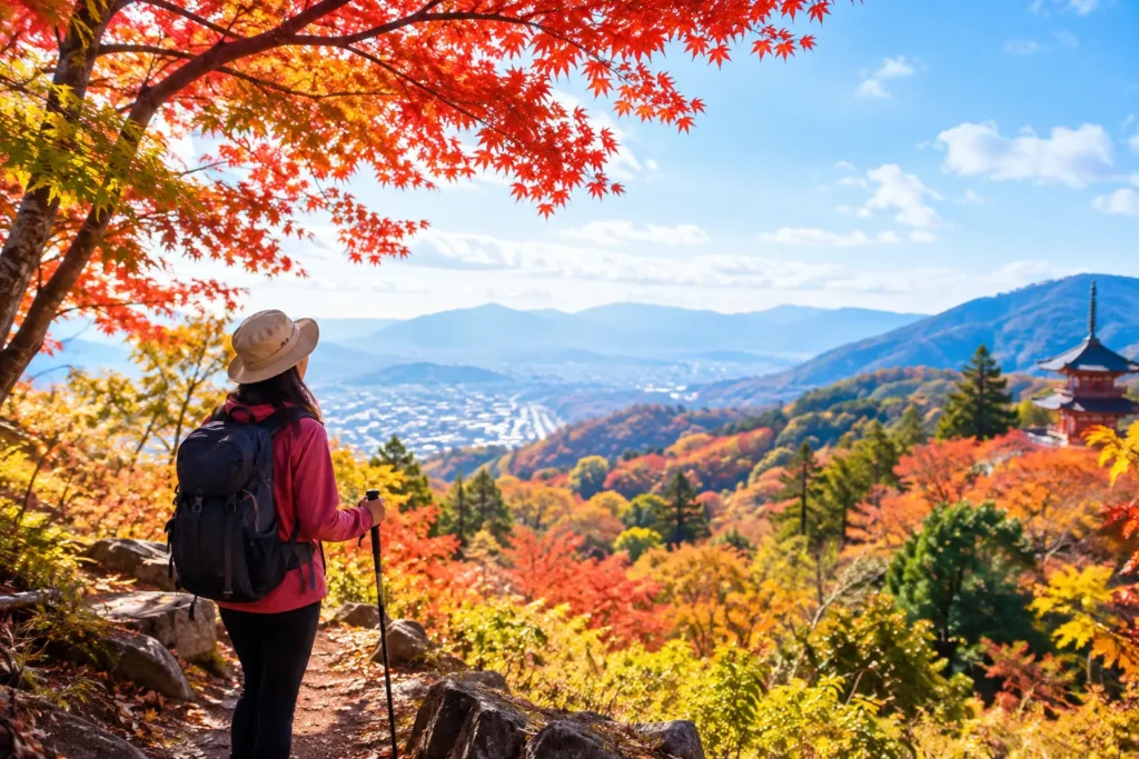 紅葉の山頂から望む秋の谷景色